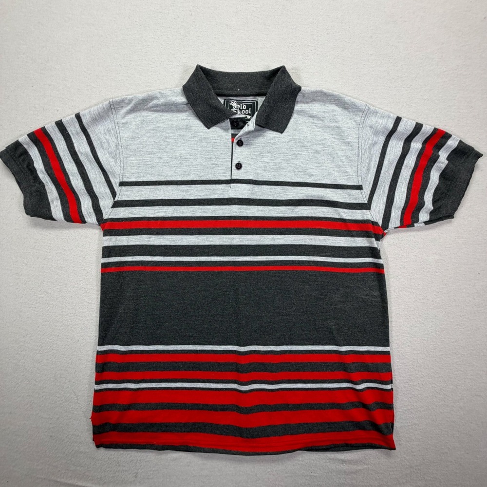 Old Skool‎ Polo Shirt Mens Large Good Grey Red Vintage Striped Short Sleeve